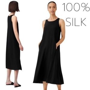 Eileen Fisher 💯 % SILK Black Midi Dress L